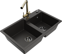 Mexen Tomas 2-bowl granite kitchen sink with Duero faucet, black/gold metallic - 6516-75-671600-50-B
