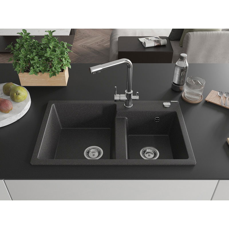 Mexen Tomas 2-bowl granite sink with Duero kitchen tap, black speckled - 6516-76-671600-00