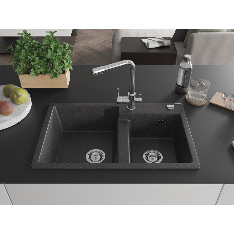 Mexen Tomas granite 2-bowl kitchen sink with Duero kitchen faucet, black speckled - 6516-76-671600-00