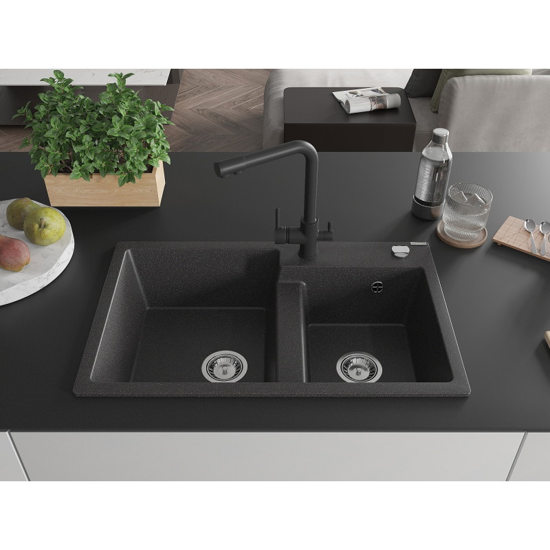 Mexen Tomas 2-bowl granite kitchen sink with Duero faucet, black speckled - 6516-76-671600-70
