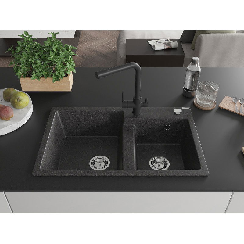 Mexen Tomas granite double-bowl sink with Duero kitchen tap, black speckled - 6516-76-671600-70