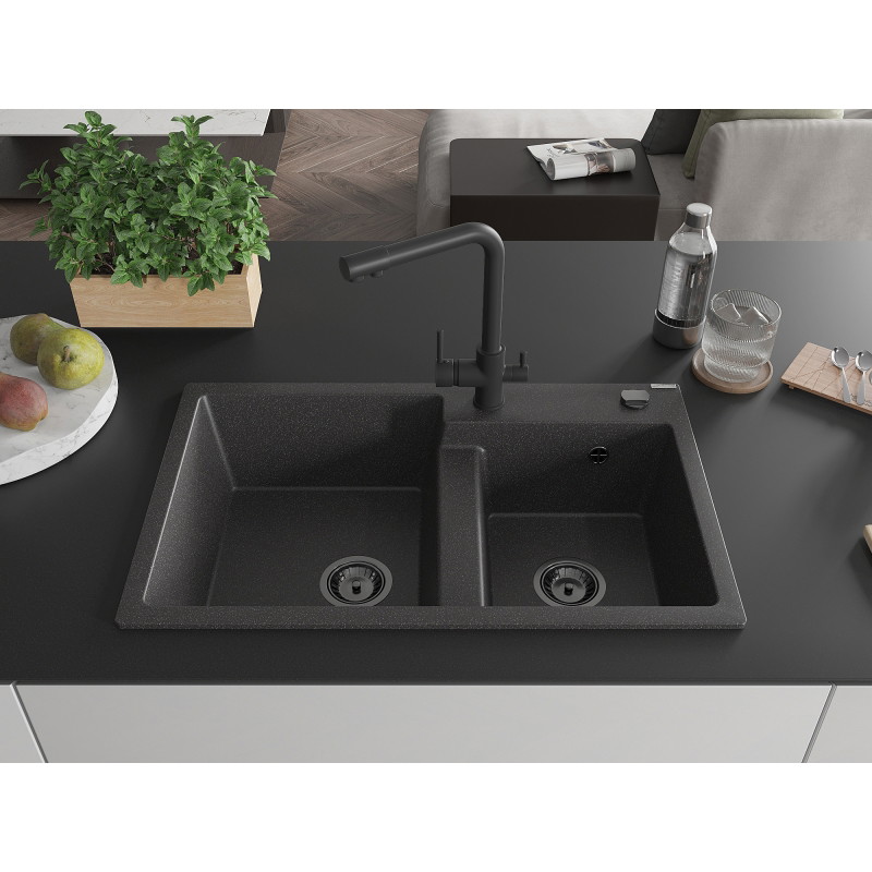 Mexen Tomas 2-chamber granite sink with Duero kitchen faucet, black speckled - 6516-76-671600-70-B