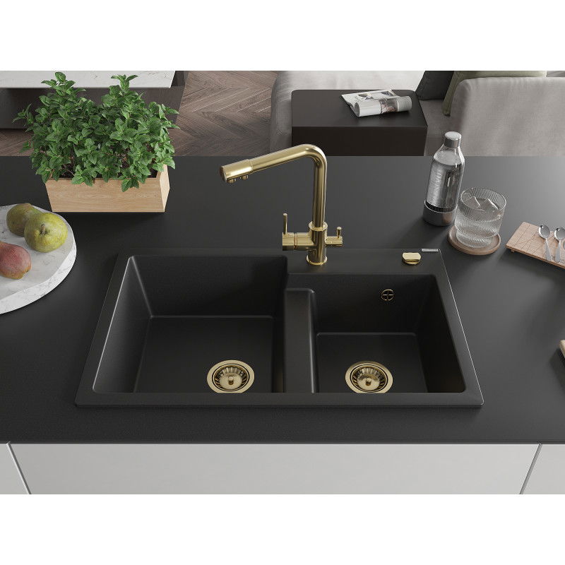 Mexen Tomas granite sink 2-bowl with Duero kitchen tap, black - 6516-77-671600-50