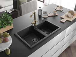 Mexen Tomas granite double-bowl kitchen sink with Duero faucet, black - 6516-77-671600-50-B
