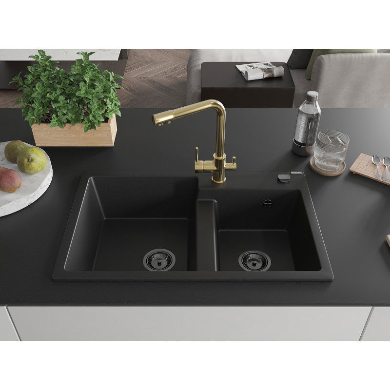 Mexen Tomas granite double-bowl sink with Duero kitchen tap, black - 6516-77-671600-50-B
