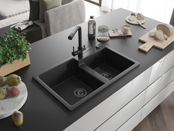 Mexen Tomas two-bowl granite sink with Duero kitchen tap, black - 6516-77-671600-70-B