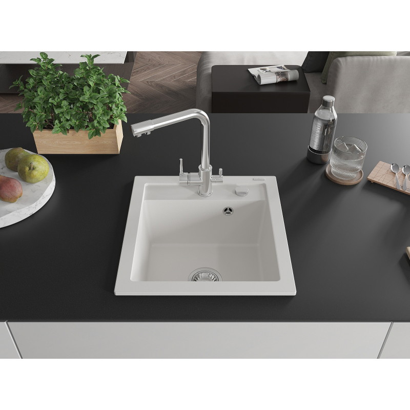 Mexen Vito 1-bowl granite sink with Duero kitchen faucet, white - 6503-20-671600-00