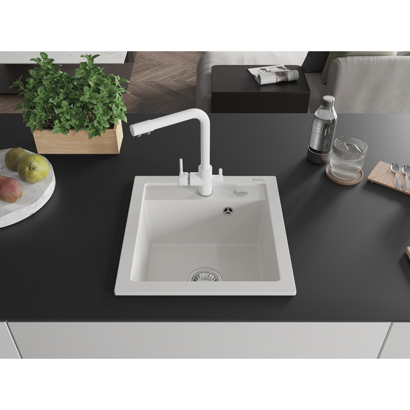 Mexen Vito granite single-bowl sink with Duero kitchen faucet, white - 6503-20-671600-20
