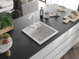 Mexen Vito 1-bowl granite sink with Duero kitchen tap, white - 6503-20-671600-20