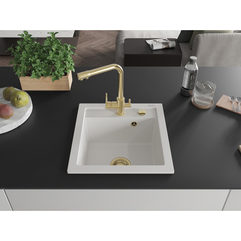 Mexen Vito 1-Bowl Granite Sink with Duero Kitchen Faucet, White - 6503-20-671600-50