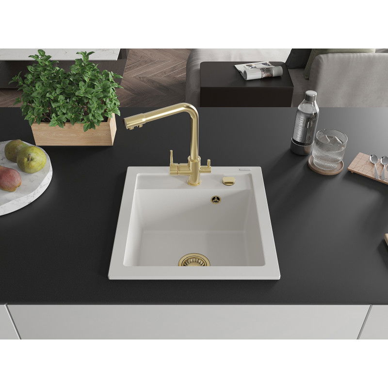 Mexen Vito granite sink 1-bowl with Duero kitchen tap, white - 6503-20-671600-50