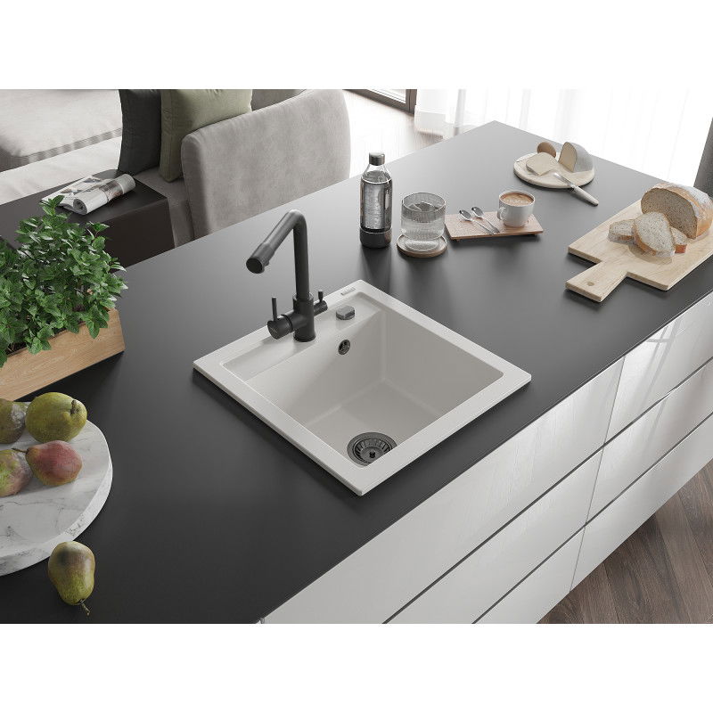 Mexen Vito granite sink 1-bowl with Duero kitchen tap, white - 6503-20-671600-70