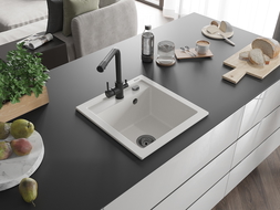 Mexen Vito 1-compartment granite sink with a kitchen mixer tap Duero, White - 6503-20-671600-70