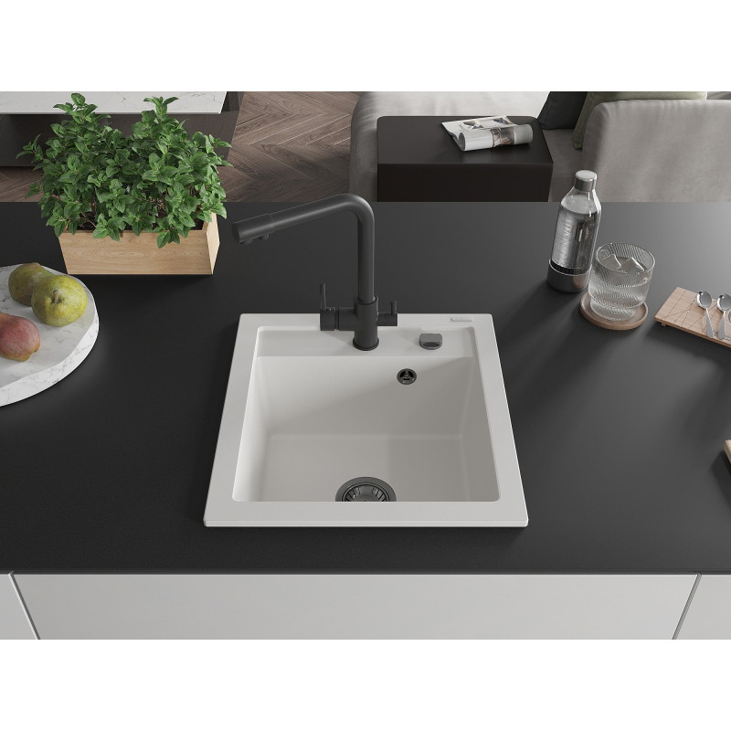 Mexen Vito 1-bowl granite sink with Duero kitchen faucet, white - 6503-20-671600-70