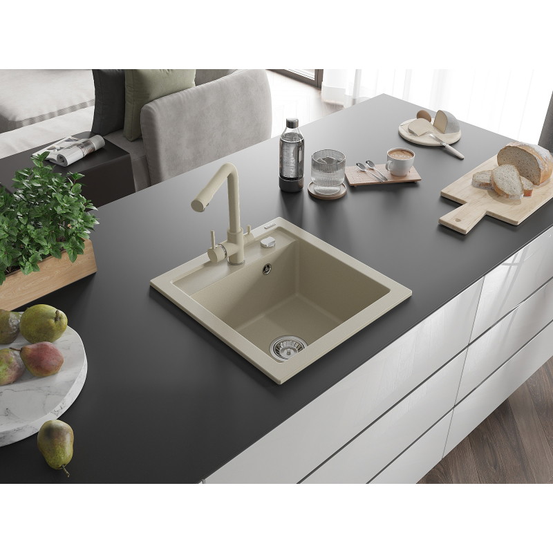 Mexen Vito granite kitchen sink 1-bowl with Duero kitchen faucet, beige - 6503-69-671600-69