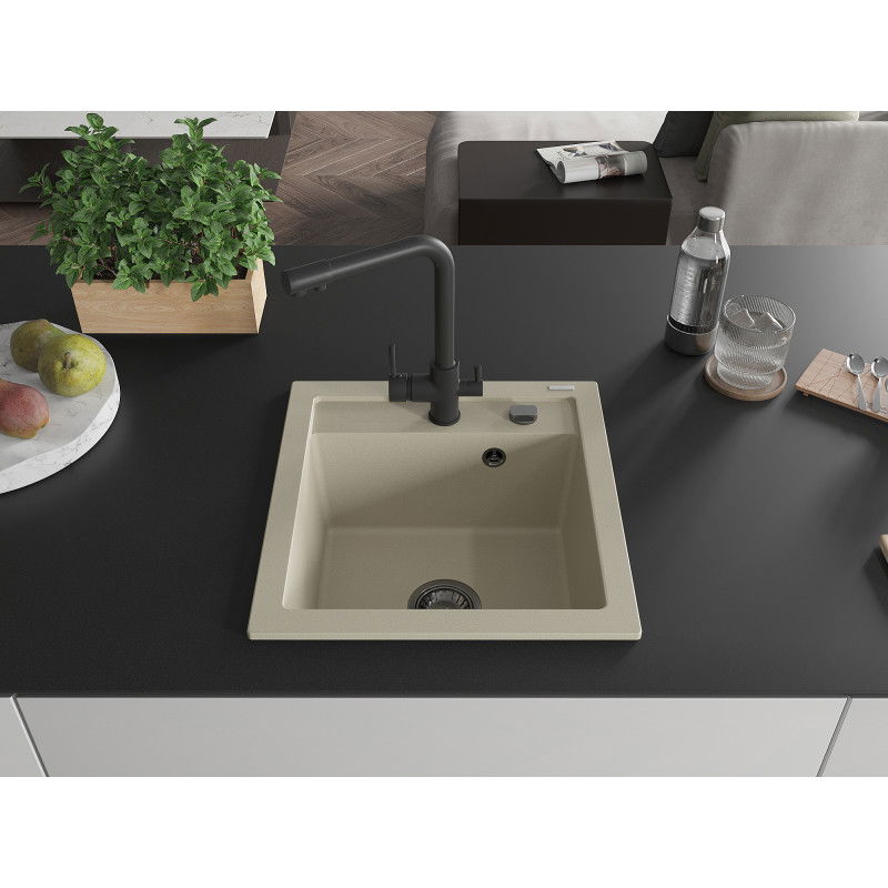 Mexen Vito 1-bowl granite sink with Duero kitchen tap, beige - 6503-69-671600-70