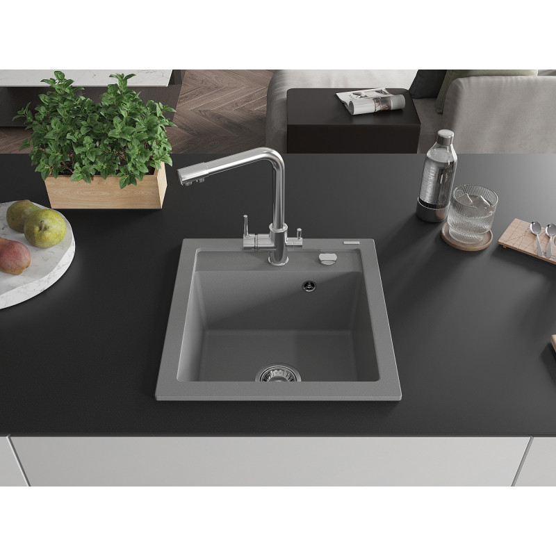 Mexen Vito 1-bowl granite sink with Duero kitchen faucet, gray - 6503-71-671600-00