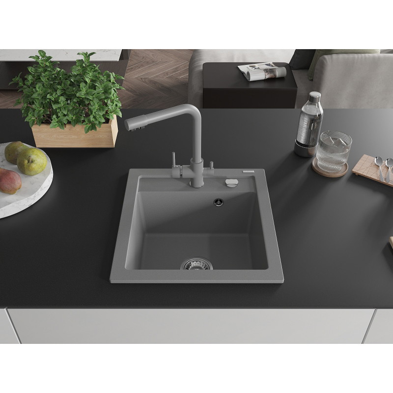 Mexen Vito 1-Bowl Granite Sink with Duero Kitchen Faucet, Gray - 6503-71-671600-71