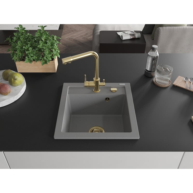 Mexen Vito 1-Bowl Granite Sink with Duero Kitchen Faucet, Gray - 6503-71-671600-50