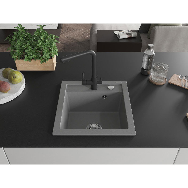 Mexen Vito granite sink 1-bowl with Duero kitchen tap, grey - 6503-71-671600-70