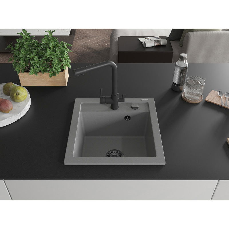 Mexen Vito granite sink 1-bowl with Duero kitchen tap, grey - 6503-71-671600-70-B
