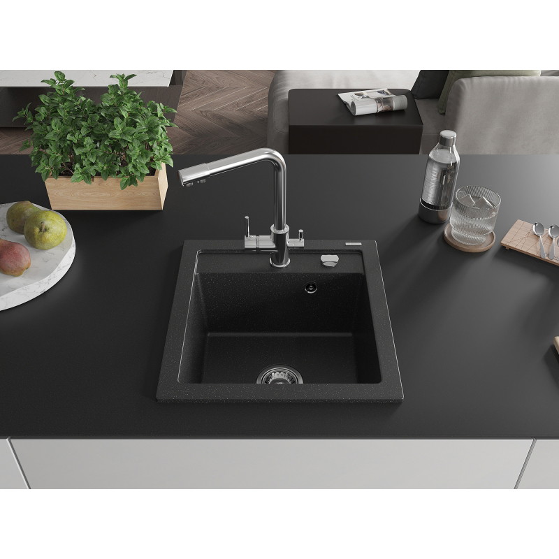 Mexen Vito 1-chamber granite sink with Duero kitchen faucet, black/silver metallic - 6503-73-671600-00