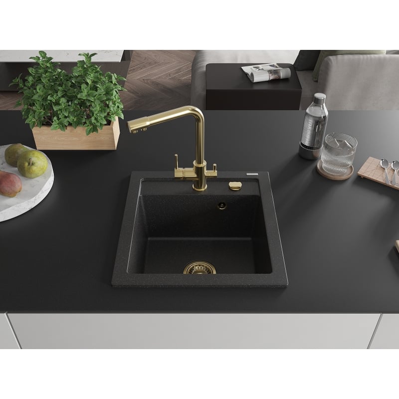 Mexen Vito granite kitchen sink 1-bowl with Duero kitchen faucet, black/silver metallic - 6503-73-671600-50