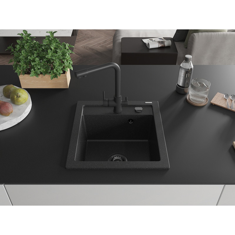 Mexen Vito single-bowl granite sink with Duero kitchen faucet, black/silver metallic - 6503-73-671600-70-B