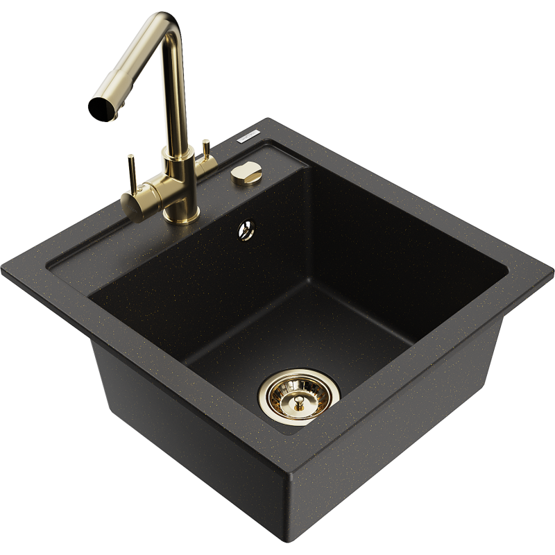 Mexen Vito 1-bowl granite sink with Duero kitchen tap, black/gold metallic - 6503-75-671600-50