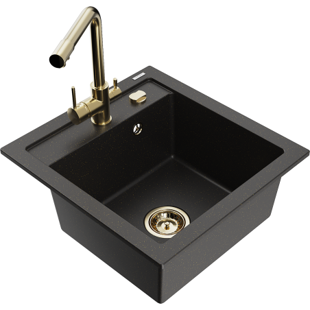 Mexen Vito 1-bowl granite sink with Duero kitchen faucet, black/golden metallic - 6503-75-671600-50