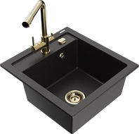 Mexen Vito single-bowl granite sink with Duero kitchen faucet, black/gold metallic - 6503-75-671600-50