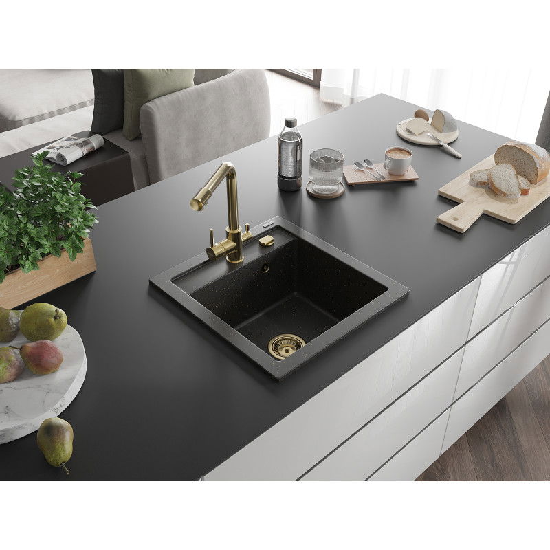 Mexen Vito 1-bowl granite sink with Duero kitchen tap, black/gold metallic - 6503-75-671600-50