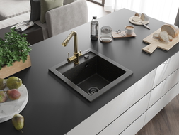 Mexen Vito 1-bowl granite kitchen sink with Duero tap, black/gold metallic - 6503-75-671600-50-B