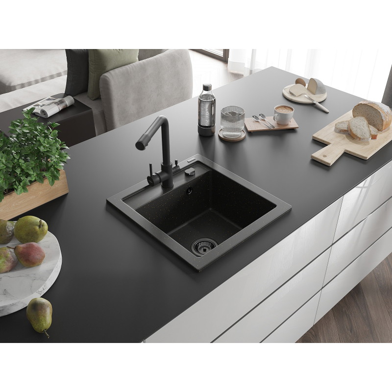 Mexen Vito 1-bowl granite sink with Duero kitchen faucet, black/gold metallic - 6503-75-671600-70-B