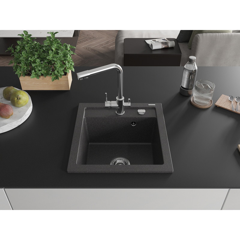 Mexen Vito Duero 1-Bowl Granite Sink with Kitchen Faucet, Black Speckled - 6503-76-671600-00