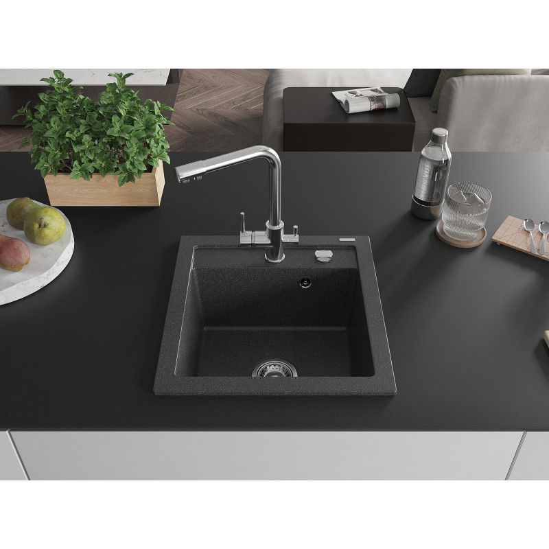 Mexen Vito Granite Kitchen Sink 1-Bowl with Duero Kitchen Tap, Black Speckled - 6503-76-671600-00