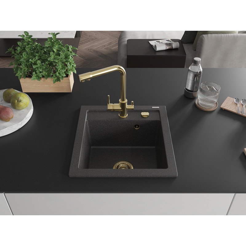 Mexen Vito granite kitchen sink 1-bowl with Duero kitchen faucet, black speckled - 6503-76-671600-50