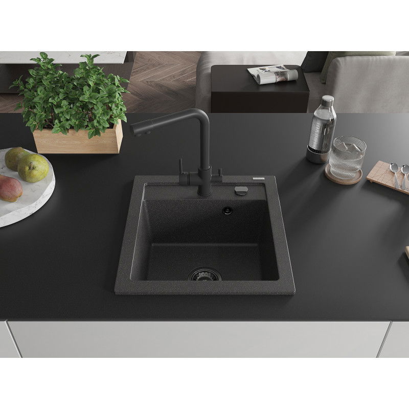 Mexen Vito granite kitchen sink 1-bowl with Duero kitchen tap, black flecked - 6503-76-671600-70-B