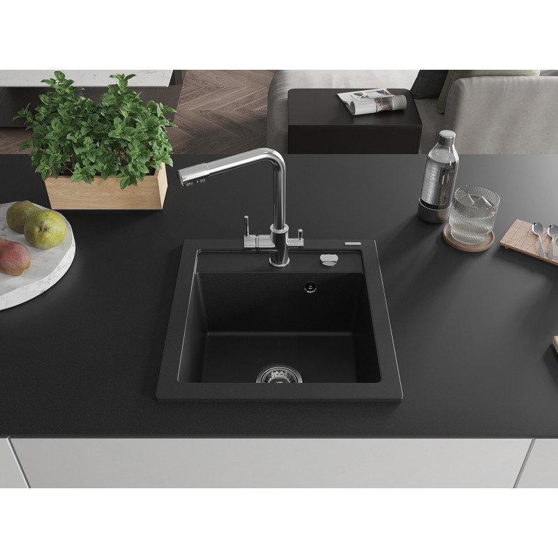 Mexen Vito 1-bowl granite sink with Duero kitchen faucet, black - 6503-77-671600-00