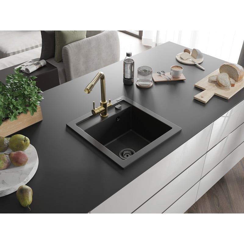 Mexen Vito granite kitchen sink 1-bowl with Duero kitchen tap, black - 6503-77-671600-50-B