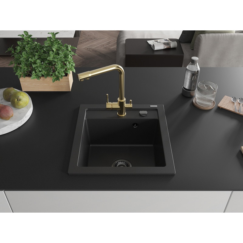 Mexen Vito 1-bowl granite sink with Duero kitchen faucet, black - 6503-77-671600-50-B