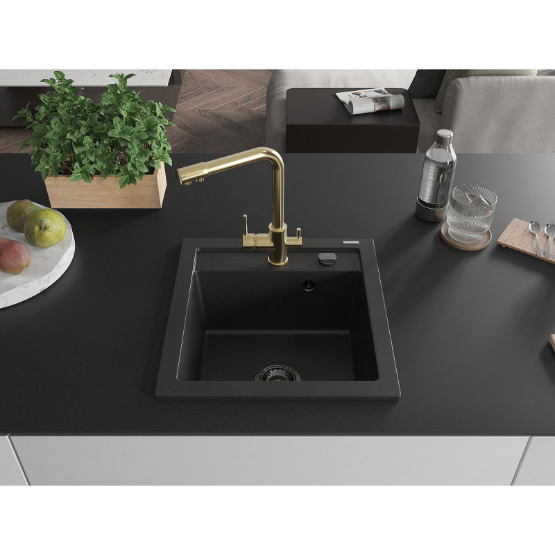 Mexen Vito granite kitchen sink 1-bowl with Duero kitchen tap, black - 6503-77-671600-50-B