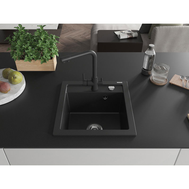 Mexen Vito granite kitchen sink with 1 bowl and Duero kitchen tap, black - 6503-77-671600-70