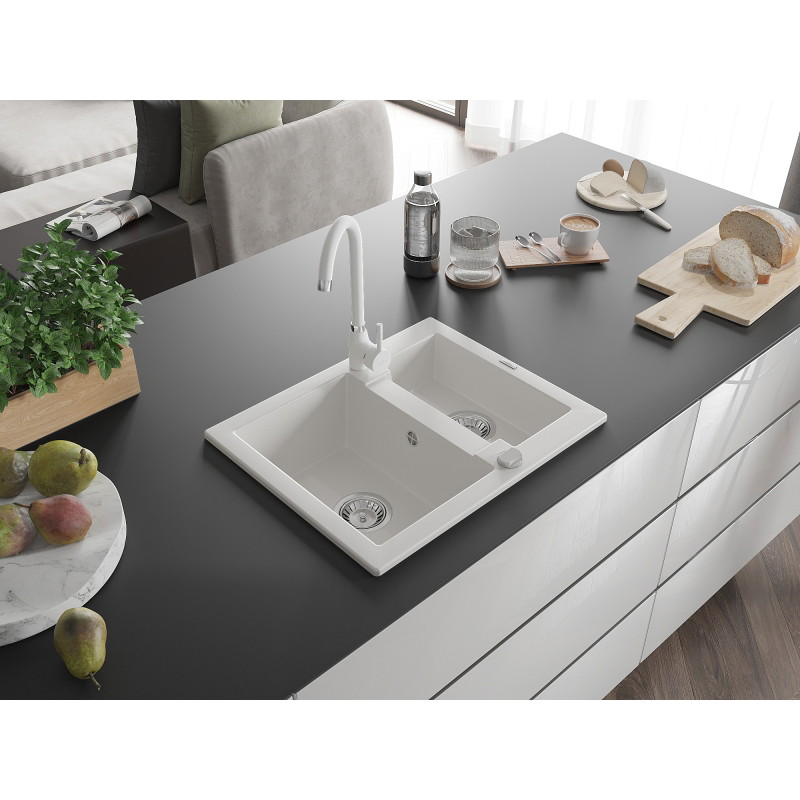 Mexen Carlos 1.5-bowl granite sink with Telma kitchen faucet, white - 6518-20-670200-20