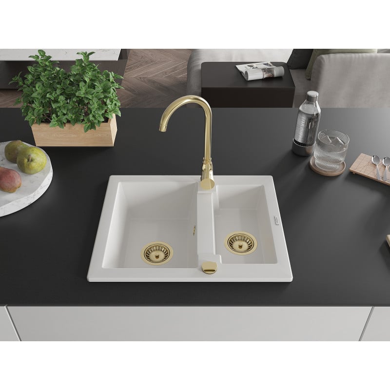 Mexen Carlos granite sink 1.5-bowl with Telma kitchen tap, white - 6518-20-670200-50