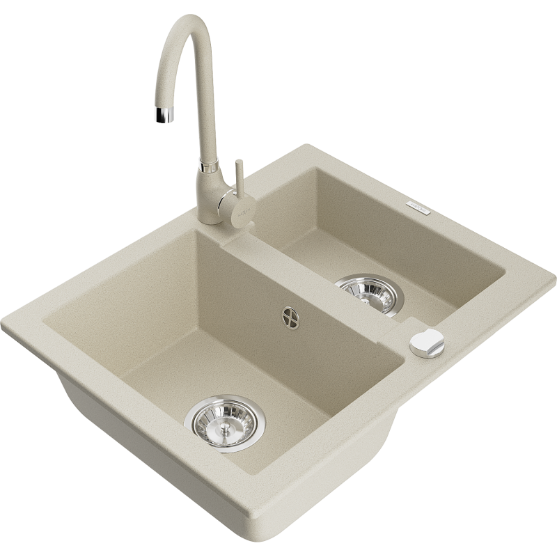 Mexen Carlos 1,5-compartment granite sink with a kitchen mixer tap Telma, Beige - 6518-69-670200-69