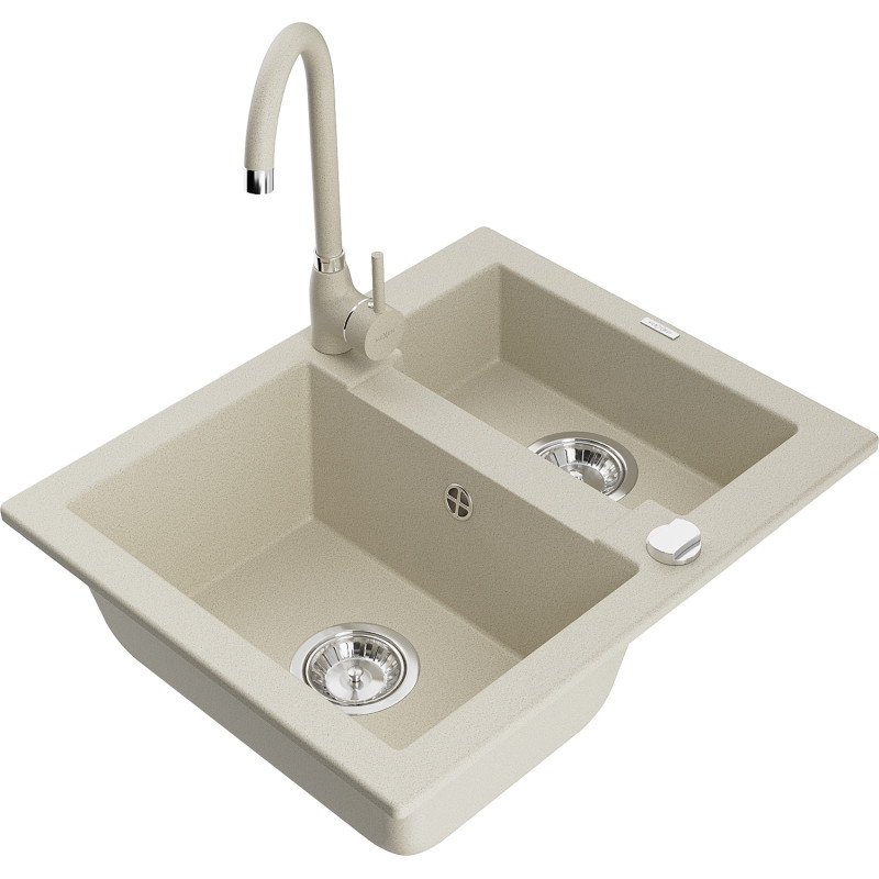 Mexen Carlos granite sink 1.5-bowl with Telma kitchen faucet, beige - 6518-69-670200-69