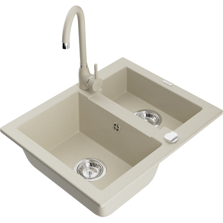 Mexen Carlos granite sink 1.5-bowl with Telma kitchen faucet, beige - 6518-69-670200-69