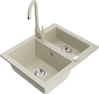 Mexen Carlos granite sink 1.5-bowl with Telma kitchen faucet, beige - 6518-69-670200-69