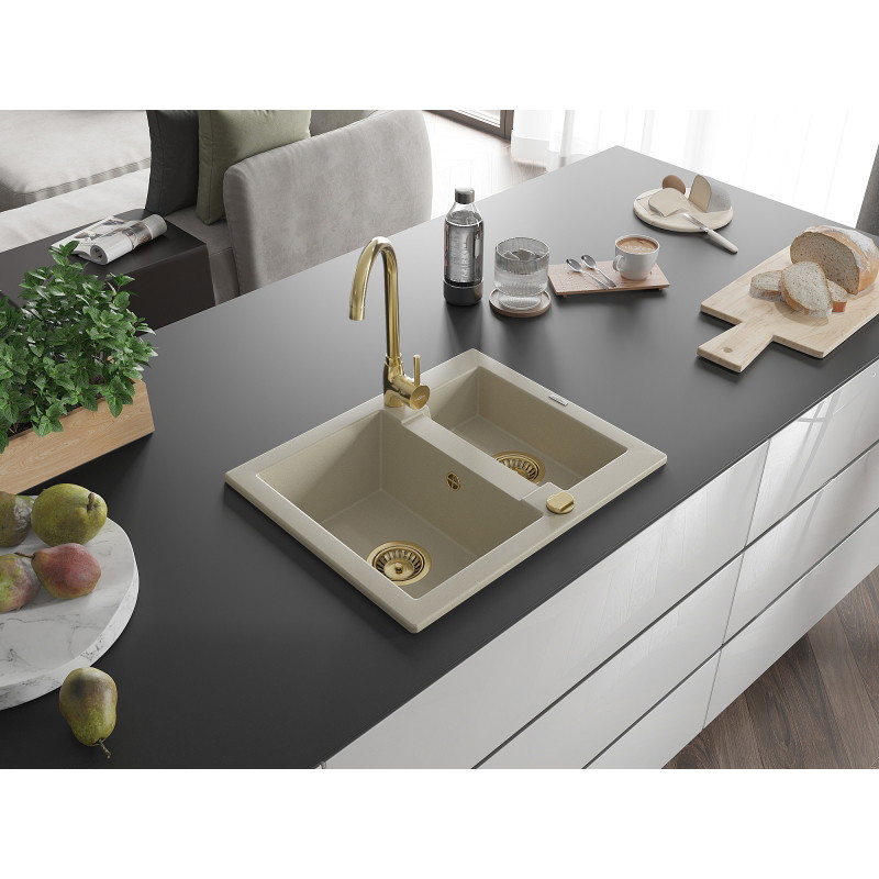 Mexen Carlos 1.5-bowl granite sink with Telma kitchen faucet, beige - 6518-69-670200-50